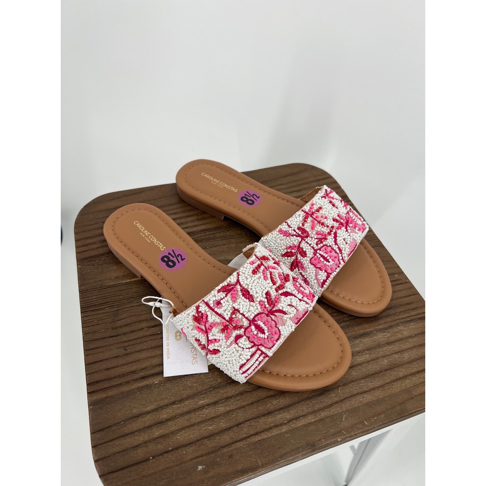 Caroline Constas Pink White Beaded Floral Slide Sandals 8.5 Flat Shoes NWT
